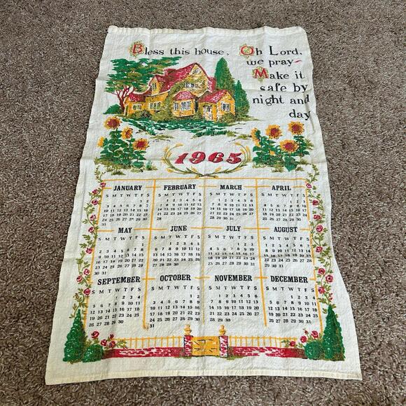 Vintage 1965 Linen Calendar Tea Towel Sunflowers “Bless This House” - Picture 1 of 4